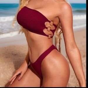 Bandeau Bikini Top W/ 3 Rings On Each Side  High Rise Bikini Bottoms Swimsuit